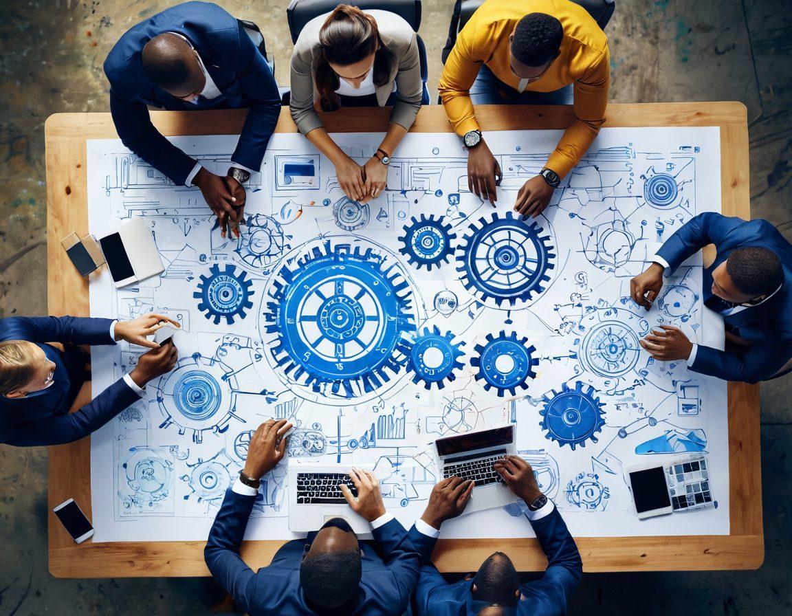 A dynamic collage showcasing diverse entrepreneurs collaborating over a large table filled with blueprints and digital devices. Include visual elements like gears symbolizing partnership and growth, with bright light illuminating their focused expressions. Integrate abstract graphs and charts in the background to suggest strategy and insight. The setting should be modern and inspiring, representing innovation and teamwork. super-realistic. vibrant colors. 3D.
