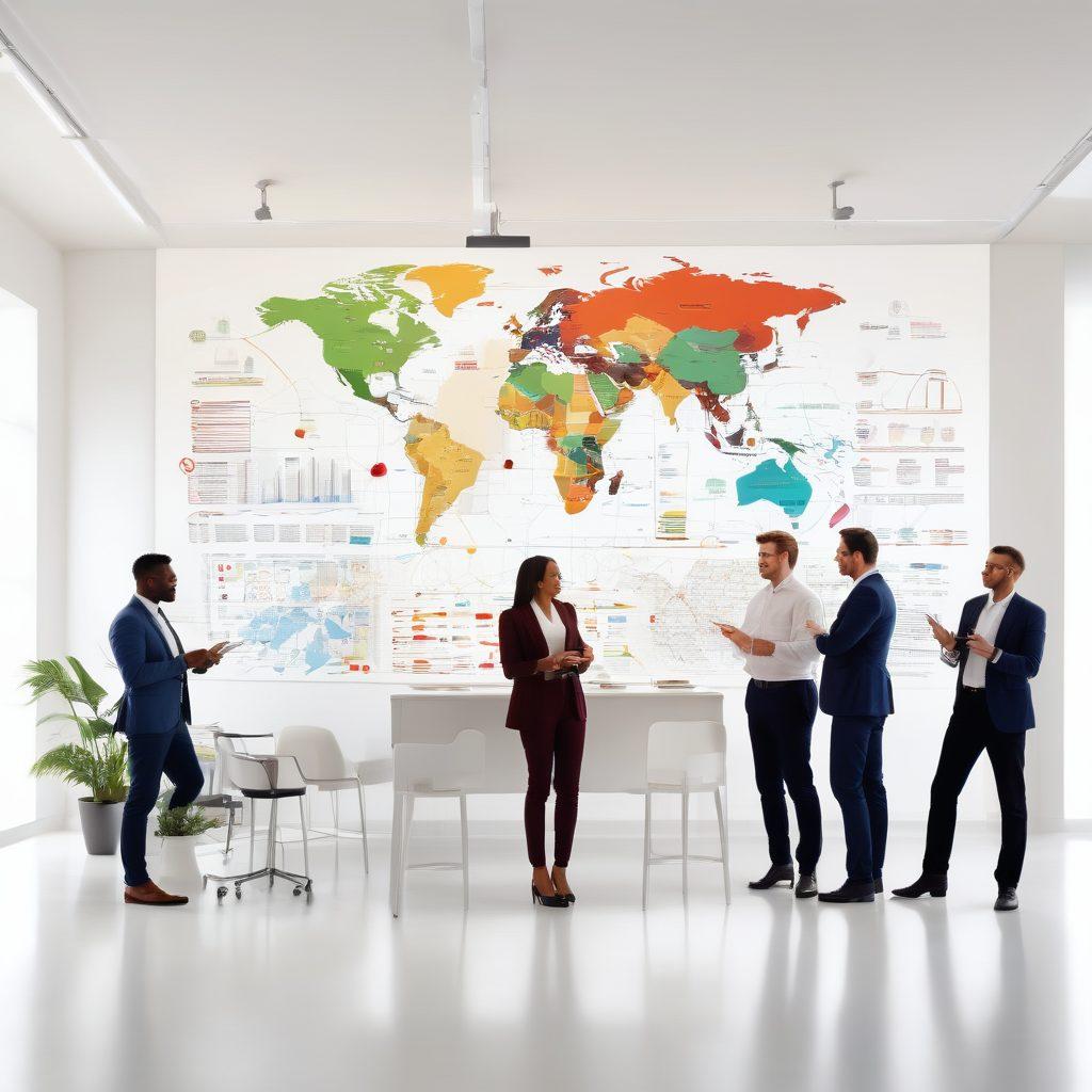 A vibrant scene depicting a diverse group of entrepreneurs in a modern office, exchanging ideas and forming connections over a large strategy map on the wall. Include elements like charts, graphs, and light bulbs symbolizing insights and innovation. The atmosphere should inspire collaboration and creativity, with dynamic lighting and a mix of contemporary décor. vector art. vibrant colors. white background.