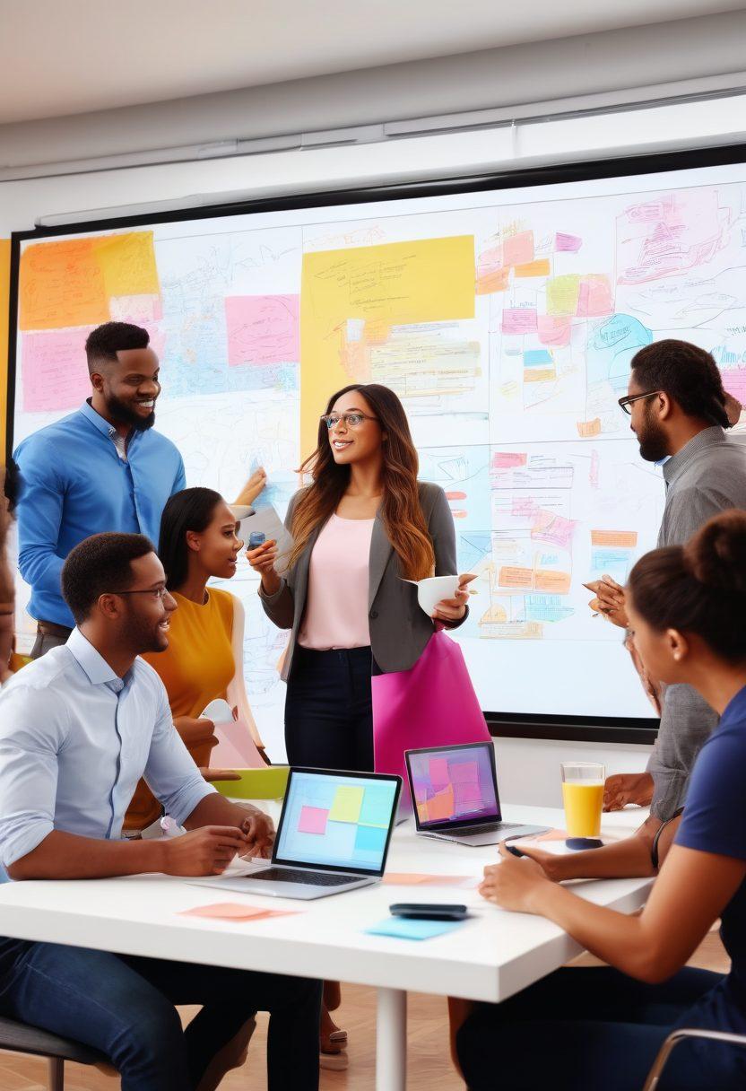 A diverse group of entrepreneurs gathered around a large, interactive digital whiteboard, brainstorming ideas and strategies together. The atmosphere is vibrant with enthusiasm, showcasing teamwork and creativity. Include elements like sticky notes, laptops, and coffee cups to emphasize collaboration. The background should have colorful abstract patterns that represent innovation and growth. super-realistic. vibrant colors. 3D.